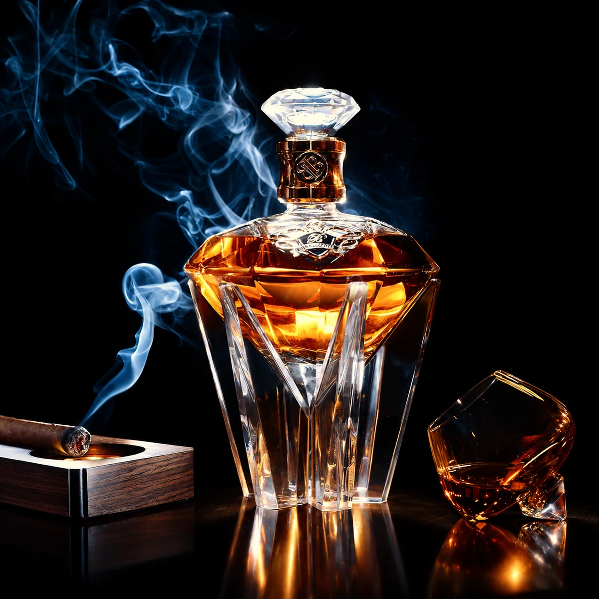 Faceted Balayan & Co bottle against a black background